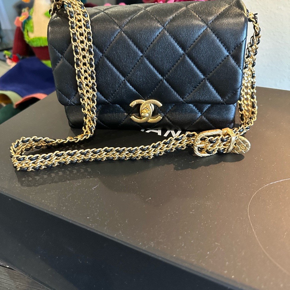 SOLDMini Flap Runway Lambskin Bag w Rare Gold Belt Handle & receipt for $6200
